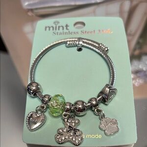 Mint Silver Bracelet with Heart and Paw Charms